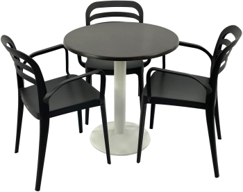 Set mobila terasa/restaurant RAKI masa rotunda D70cm cu blat Werzalit New Wenge si picior metalic alb 3 scaune cu brate Aspendos negre 54 