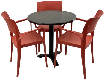 Set mobila terasa/restaurant RAKI masa rotunda D70cm cu blat Werzalit New Wenge si picior metalic negru 3 scaune cu brate Panora rosii 54 
