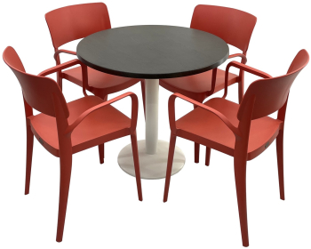 Set mobila terasa/restaurant RAKI masa rotunda D80cm cu blat Werzalit New Wenge si picior metalic alb 4 scaune cu brate Panora rosii 54 5x 