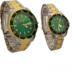 Set Ceas Barbatesc si Dama Bratara Metalica Bicolora Cadran Verde Ulysses Me&You Argintiu/Auriu 