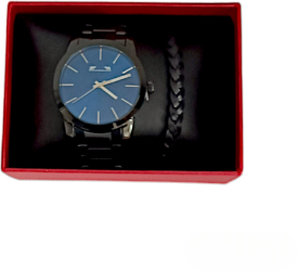 Set Ceas Curea Metalica Cadran Albastru si Bratara Piele Naturala Matteo Ferari Style4You Collection Negru 