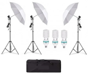 Kit lumini Studio format din 3 umbrele difuzie cu 3 mufe pivotante 3 suport trepied reglabil 80 - 200 cm si 3 becuri lumina alba 85w 