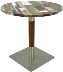 Masa bistro rotunda Raki Redden Wood D60xh74cm blat werzalit si picior metalic cu baza patrata argintiu cu accente aspect lemn