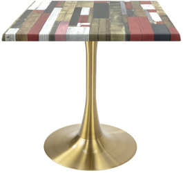 Masa restaurant/cafenea/bistro patrata Raki Redden Wood 70x70xh74cm blat werzalit si picior central metalic auriu cu baza rotunda 50cm