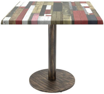 Masa restaurant/cafenea/bistro patrata Raki Redden Wood 80x80xh74cm blat werzalit si picior metalic cu baza rotunda aspect vintage bronz a