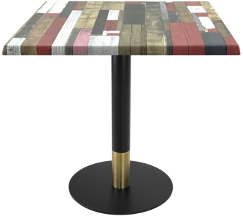 Masa restaurant/cafenea/bistro patrata Raki Redden Wood 80x80xh74cm blat werzalit si picior metalic cu baza rotunda negru/auriu 