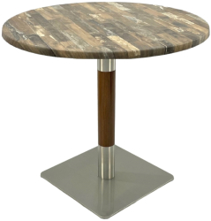 Masa rotunda cafenea Raki Maracaibo D80xh74cm blat werzalit si picior metalic cu baza patrata argintiu cu accente aspect lemn 