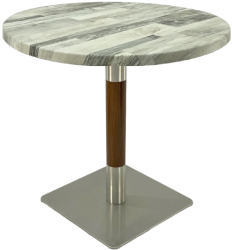 Masa rotunda cafenea Raki White Block D70xh74cm blat werzalit si picior metalic cu baza patrata argintiu cu accente aspect lemn 