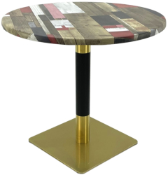 Masa rotunda pentru cofetarie Raki Redden Wood D70xh74cm blat werzalit si picior metalic cu baza patrata auriu/negru 