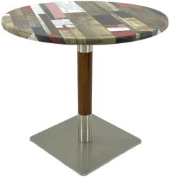 Masa rotunda pentru cofetarie Raki Redden Wood D70xh74cm blat werzalit si picior metalic cu baza patrata argintiu cu accente aspect lemn 
