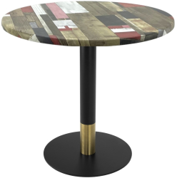 Masa rotunda pentru cofetarie Raki Redden Wood D70xh74cm blat werzalit si picior metalic cu baza rotunda negru/auriu 