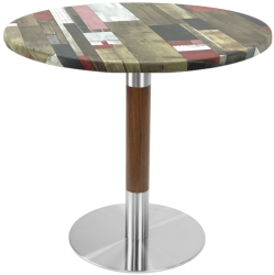 Masa rotunda pentru cofetarie Raki Redden Wood D70xh74cm blat werzalit si picior metalic cu baza rotunda argintiu cu accente aspect lemn 