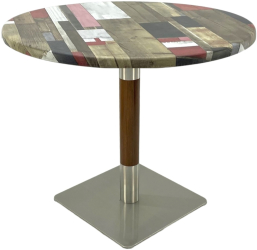 Masa rotunda pentru restaurant Raki Redden Wood D80xh74cm blat werzalit si picior metalic cu baza patrata argintiu cu accente aspect lemn 