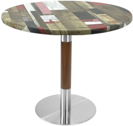 Masa rotunda pentru restaurant Raki Redden Wood D80xh74cm blat werzalit si picior metalic cu baza rotunda argintiu cu accente aspect lemn 