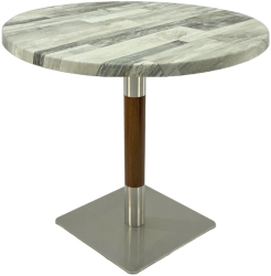 Masa rotunda restaurant/terasa Raki White Block D80xh74cm blat werzalit si picior metalic cu baza patrata argintiu cu accente aspect lemn 