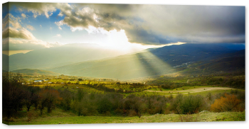 Tablou canvas luminescent luminos in intuneric GlowforHome Dualv-View rama lemn fosforescent Peisaj rural cu raze de soare si dealuri 