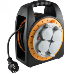 Tambur cablu acasa - 15 m - cu suport din plastic - protectie IP44 - H05RR-F 3G1 0 mm2 cablu cauciucat - 4 prize cu capac - max. 2300 W - de 