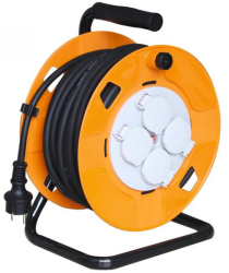 Tambur cablu acasa - 30 m - baza metalica - protectie IP44 - H07RN-F Cablu 3G1 5 mm2 cablu cauciuc - max. 3000 W - 4 prize cu capac - comuta 