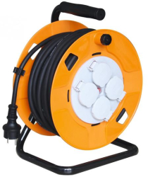 Tambur cablu acasa - 40 m - baza metalica - IP44 - H05RR-F 3G Cablu de cauciuc de 1 0 mm2 - max. 2300 W - 4 prize cu capac - comutator de pr 