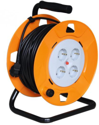 Tambur cablu acasa - 40 m - design IP20 - baza metalica - H05VV-F Cablu 3G1 0 mm2 - max. 2300 W - intrerupator de protectie - priza cu 4 con 