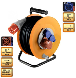 Tambur de cablu industrial pentru exterior - 25 m - baza metalica - protectie IP44 - H07RN-F 5G2 5 mm2 cablu din cauciuc - cu 2 x 2P+E si 1 