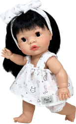 Papusa Nines D Onil Joy cu parul brunet cu rochie alba cu miros de vanilie 37 cm 