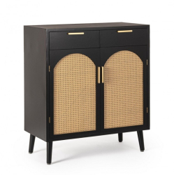 Comoda 2 usi 2 sertare mdf negru ratan natur Josine 80x40x92 cm 