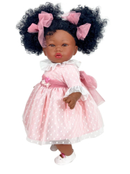 Papusa Artizanala Nines D Onil cu miros de vanilie - Celia Afro cu rochita roz plumeti 45cm 