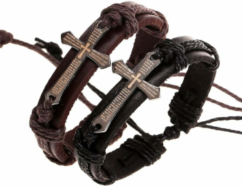 Set 2 bratari MBrands pentru barbati din piele naturala cruce cu rugaciune maro si negru 