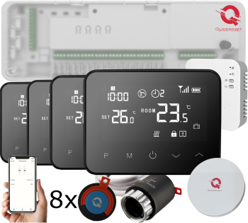 Automatizare Incalzire Pardoseala Smart Q20 8 zone Full wireless 4 Termostate Smart 8 Actuatoare NC e-Hub Negru 