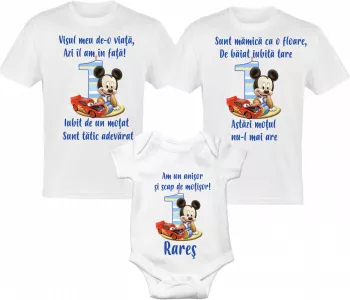 SET tricouri aniversare format din 2 tricouri si un body tema Mickey Mouse tata de 1 an mama de 1 an 