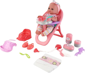 Set papusa bebelus care face pipi si scoate sunete accesorii incluse 35x9x35 cm multicolor 15 piese 
