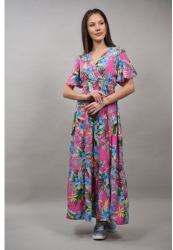 ROCHIE BOHO CHIC INDIAN LUNGA CU MANECA SCURTA MULTICOLORA NUVOLOSA Roz L-XL 