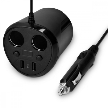 Adaptor auto cu 2 prize si 2 porturi USB Navaris 12V - 24V Afisaj LED Negru 49581.01 