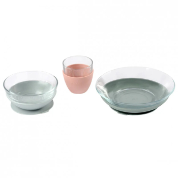 Set de masa Beaba 3 piese din sticla Duralex cu suport antiaderent Eucalyptus 