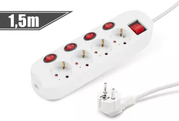 Prelungitor cu 4 prize si buton 4+1 250V 16A 3500W conductor 3x1.50mm2 1.5m alb Delight 