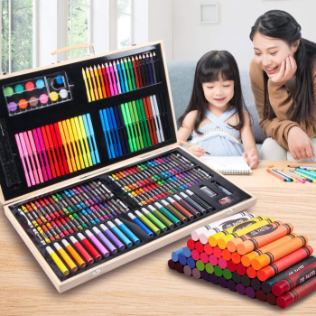 Set 180 piese pentru desen pentru copii sau adulti creioane colorate vopsele si markere cu geanta de transport din LEMN MASIV model AVX-