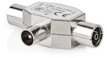 Adaptor satelit si antena - IEC coaxial Mufa - 2x soclu coaxial - nichelat - 75 Ohm - splitter T - metal - argintiu - 1 buc - plic 
