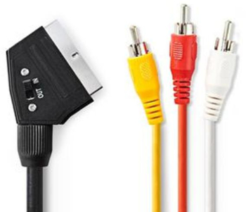 Cablu SCART - Mufa SCART - 3x mufa RCA - Nichelat - Comutare - 480p - 2.00 m - Rotund - PVC - Negru - Fila hartie 