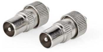 Conector IEC coaxial - Drept - Mufa - Nichelat - 75 Ohm - Surub - Diametru cablu intrare 7.0 mm - Metal - Argintiu - 2 buc - Punga de pla 