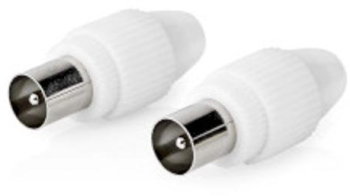 Conector IEC coaxial - Drept - Mufa - Nichelata - 75 Ohm - Surub - Diametru cablu intrare 7.0 mm - Metal / PVC - Alb - 2 buc - Plic 