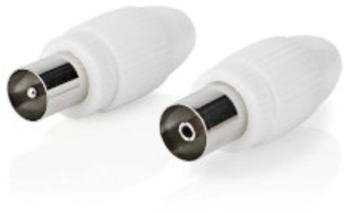 Conector IEC coaxial - Drept - Priza / Mufa - Nichelat - 75 Ohm - Surub - Diametru cablu intrare 7.0 mm - Metal / PVC - Alb - 2 buc - Cut 