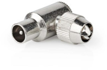 Conector IEC coaxial - Unghi - Mufa - Nichelat - 75 Ohm - Surub - Diametru cablu intrare 7.0 mm - Metal - Argintiu - 2 buc - plic 
