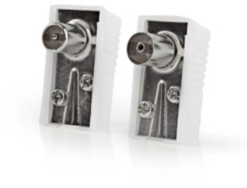 Conector IEC coaxial - Unghi - Priza / Mufa - Nichelat - 75 Ohm - Surub - Diametru cablu intrare 7.0 mm - Metal / PVC - Alb - 2 buc - Cut 