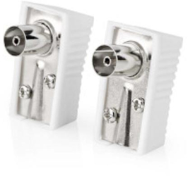 Conector IEC coaxial - Unghi - Priza - Nichelat - 75 Ohm - Surub - Diametru cablu intrare 7.0 mm - Metal / PVC - Alb - 2 buc - Plic 
