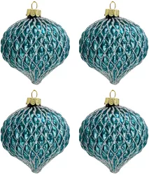 Set 4 globuri brad Craciun sticla albastra 8x9 cm 
