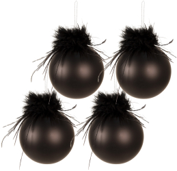 Set 4 globuri brad Craciun sticla pene negre 8x8 cm 