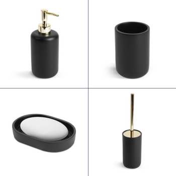 Set baie - dozator de sapun sticla vas de sapun perie de toaleta + suport - culoare mata negru si auriu 