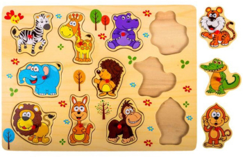 Puzzle din lemn cu animale salbatice cu maner rosu 11 piese 30x22cm 