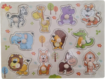 Puzzle din Lemn Incastru cu Maner Ajutator Animale Salbatice cu 11 piese